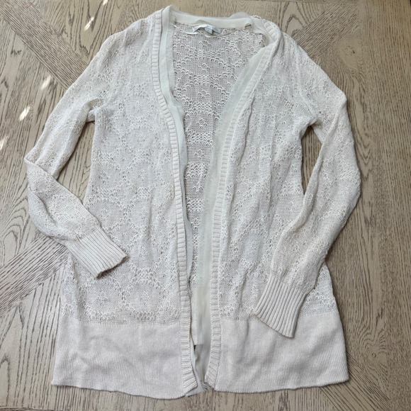 Lauren Conrad Size Medium Cream Lace Detail Sheer Knit Open Front Cardigan - Picture 2 of 9